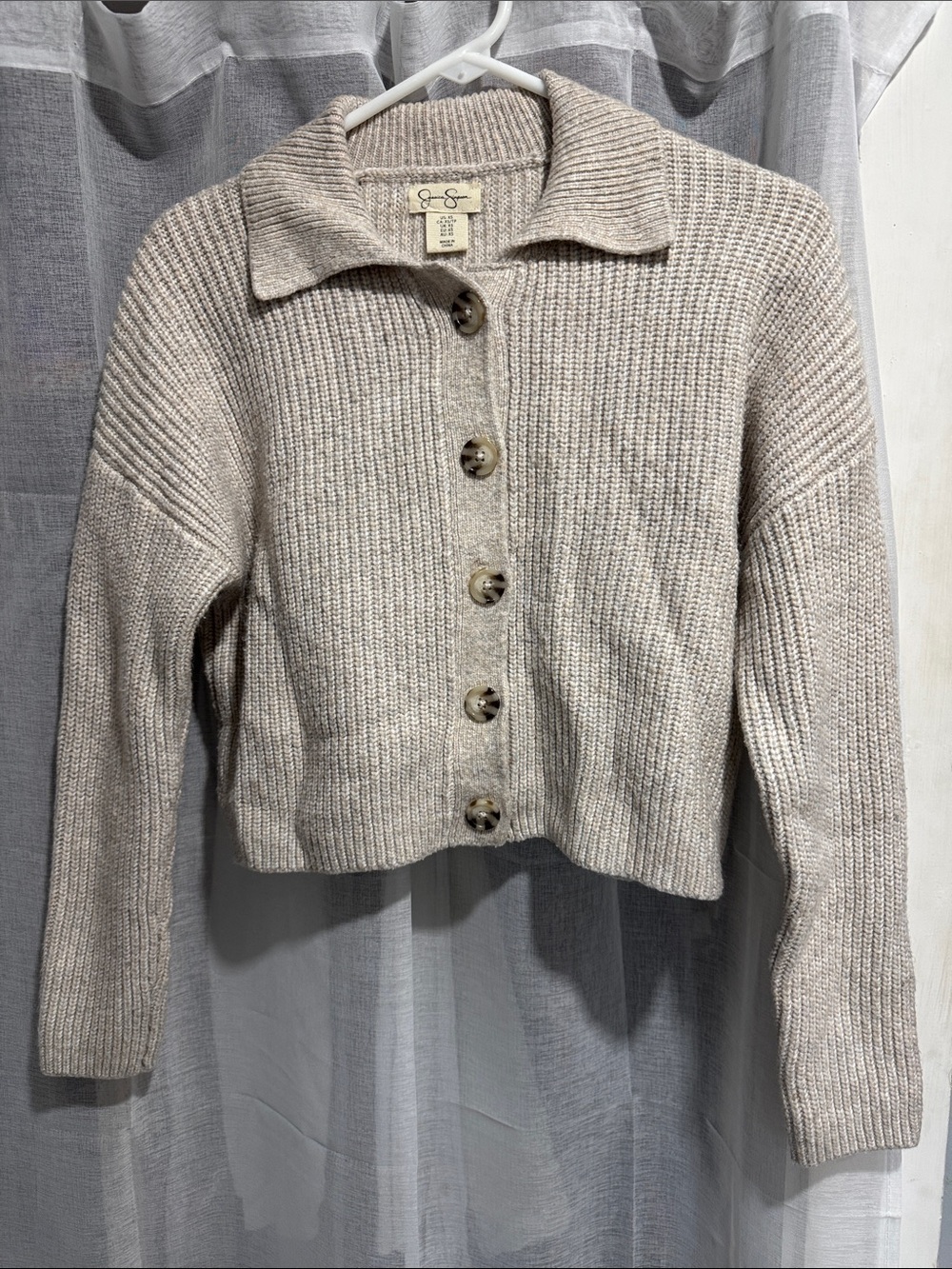 Jessica Simpson Oatmeal Ribbed Button-Front Cardigan